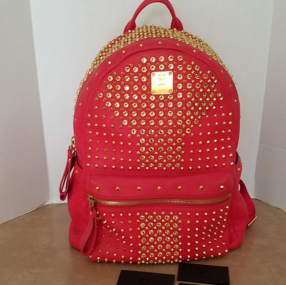 mcm red studded backpack